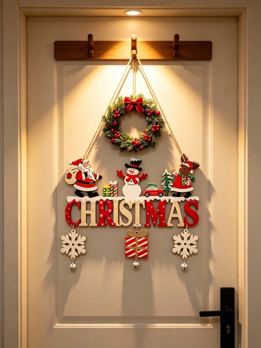 1pc Christmas Wooden Hanging Decoration, Santa Claus, Snowman And Reindeer Pattern, With Snowflake And Bell Pendant, "CHRISTMAS" Letter Design, Christmas Tree/Door/Wall/Window Home Decor, Can Be Used As Christmas Gift - View 1