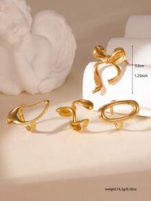 GEREIT 4pcs 18K Gold Plated Stainless Steel Linear Circle Bow Open Ring - Gold - View 2
