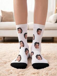 1 Pair Custom Face Crew Socks White With Black Heel And Toe Personalized Photo Print Mid-Calf Socks Creative Custom Novelty Gift - Multicolor - View 2