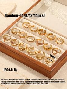 4/8/12/14pcs Stainless Steel 18K Gold Plated 3D Pattern Mixed High-Quality Pink Rhinestone Open Ring Set Blind Bag, Random Style As Shown - Pink - View 3