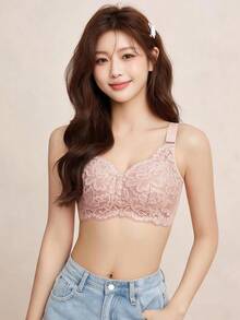 Elisvara Women's Comfortable French Romantic Lace Lingerie, Thin Fabric, Lift & Support, Wireless Bra For Large Bust - Pink - View 1