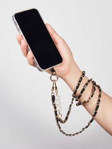 1 Peça Cordão Transversal de Telefone em Couro PU com Pérolas para Mulheres, Alça de Corrente Metálica Longa, Acessório de Bolsa Requintado de Alta Qualidade, Pingente de Carro, Corrente de Telefone, Corrente Durável Anti-Quebra, Anti-Perda, Chaveiro, Adequado como Presente - Preto - Visão 4