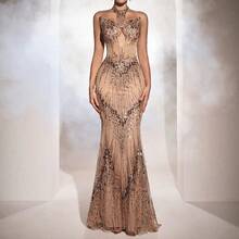 New Women's Halter Neck Sequin Embellished Bodycon Evening Gown - Apricot - View 7
