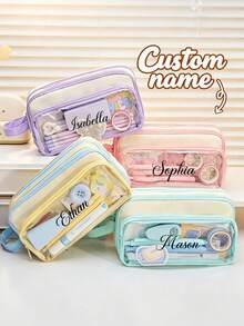 Personalized Name Pencil Case, Custom Text Large Capacity Triple Compartment Pen Pouch With Clear Front Pocket And Carry Handle, Portable Stationery Organizer And Cosmetic Storage Bag For College, Office, Travel, Birthday And Back To School Gift - Multicolor - View 8