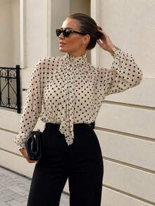 Women's Polka Dot Print Tie Neck Blouse - Apricot - View 8