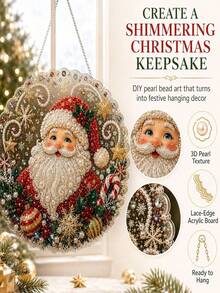 Christmas Pearl Diamond Painting Suncatcher Set, DIY Handmade | Pre-Assembled Metal Chain, Acrylic Round Plate With Lace Edge, 3D Mixed Size Pearl Beads, Holiday Window Wall Decor - A - View 6