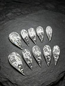 10片裝 25mm 獨特個性復古街頭風極簡休閒優雅日常精緻甜美可愛純白色手工短款貓爪壓花假指甲套組，適合女孩與女性，讓你更迷人 - 白色 - 查看 2