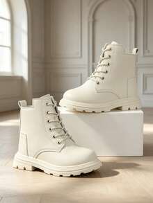 1 Pair Minimalist Kids' Boots, Soft PU Front Lace-Up With Inner Zipper Design, Versatile British Style All-Match Ankle Boots, Suitable For Daily Wear, School, Vacation And Outdoor, Autumn/Winter New Arrival - Beige - View 3