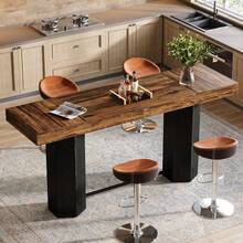 LITTLE TREE 180cm Rectangular Bar Table‑Industrial‑Metal Footrest‑Rustic Brown & Black‑Counter Height‑For Kitchen Dining Room Living Room Pub - Brownish Black - View 4