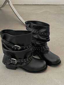 Women's Black Rivet Belt Pleated PU Comfortable Flat Thick Heel Classic Retro Boots Suitable For Outdoor Walking - Black - View 3