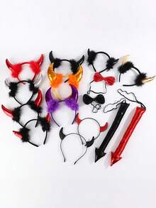 Halloween Devil Costume Set Red Horn Headband Glasses Cane Tail Full Set For Masquerade Carnival Couple Party COS Rave Dance Props (Due To Lighting, Color Difference May Occur, Cane Stick Color Is Random) - Multicolor - View 11