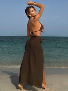 HaiiMeid 3pcs Women Knitted Beach Vacation Floral Decor Triangle Bikini Top, Side Slit Skirt Swimwear Set Summer - Chocolate Brown - View 5