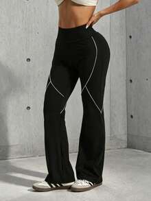 Hidkat Women's Fashion Solid Color High Waist Slim Fit Yoga Sports Knit Flare Pants - Black - View 3