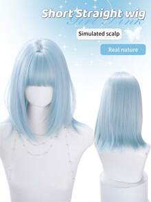 alicegarden 16-Inch Long Synthetic Wig Featuring A Natural Straight Style A Stunning Dusty Blue. Designed With Bangs , This False Hairpiece Is Perfect For Ms Daily Party Cosplay Use, Offering A Natural And Natural Durable Wig Gift For Ladies., Halloween - Dusty Blue - View 1