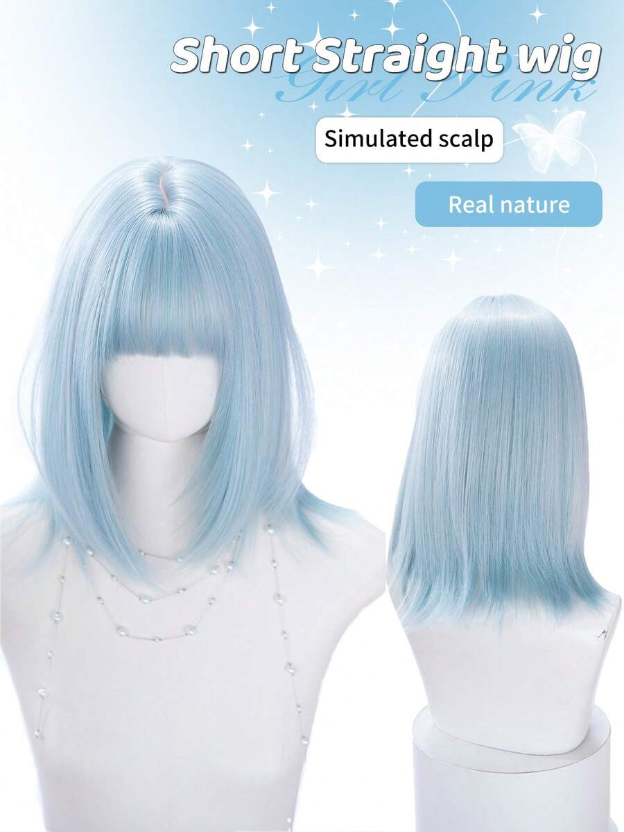alicegarden 16-Inch Long Synthetic Wig Featuring A Natural Straight Style A Stunning Dusty Blue. Designed With Bangs , This False Hairpiece Is Perfect For Ms Daily Party Cosplay Use, Offering A Natural And Natural Durable Wig Gift For Ladies., Halloween - Dusty Blue - View 1
