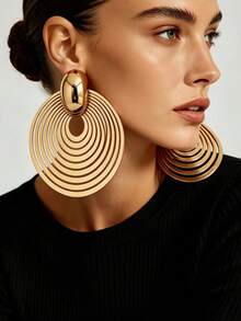 1 Pasang Anting Panjang Berbentuk Bulat Berlapis Emas Mengkilap Gaya Modern Eropa & Amerika, Cocok untuk Wanita, Desain Geometris Berat yang Berlebihan untuk Pesta dan Liburan - Emas - View 1