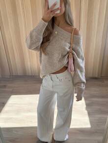FOR BEAUTY Fall Winter Women Sweaters Elegant Casual Y2K Oatmeal Beige Off Shoulder Knit Tops Loose Fit Pullover Drop Shoulder Daily Outfits - Oat - View 1
