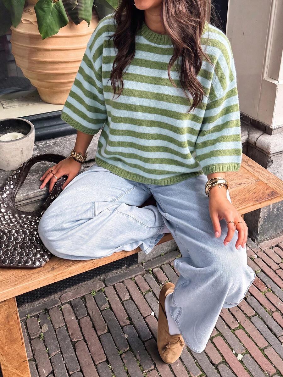 FOR BEAUTY كنزة صوفية جديدة للنساء لفصل الخريف، مخططة باللونين الأخضر والأزرق، بياقة دائرية وأكمام متوسطة، بأسلوب كاجوال، مناسبة للارتداء اليومي والتنقل - أزرق مخضر - مشاهدة 1