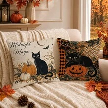 Autumn Halloween Black Cat Ghost Pumpkin Cushion Cover 4pcs Set, Single-Sided Printed Peach Skin Velvet Polyester Material, 45*45CM/18*18inch Pillow Covers Suitable For Room Decoration, Modern Minimalist Sofa Living Room Decor, Gift Giving, Party Decoration - Multicolor - View 6