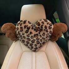 1pc Leopard Print Heart Wing Plush Car Neck Pillow, All-Season Use, Women's Car Interior Decoration - A - View 3