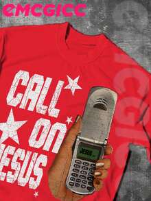 EMCGICC Jesus Shirt,CALL ON JESUS,Y2k Graphic T-Shirt Men's Summer Short Sleeved Cotton Casual Outdoor Street,God Shirts,Surprise Gift,Graphic Tees Men - 紅色 - 查看 2