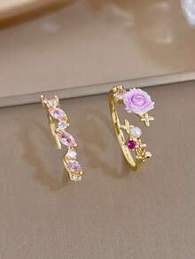 1Pc/Set Elegant Gold Plated Pink Floral Marquise Zirconia Open Ring,Jewelry Set For Women,Party,Daily,Christmas,Wedding,Boho,Valentine Birthday Gifts - Multicolor - View 3