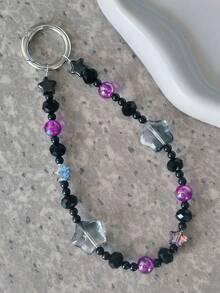 1pc Y2K Star & Flower Beaded Keychain Wrist Lanyard, Iridescent Purple Black Crystal Bead Key Ring, Portable Wrist Strap For Keys Phone Bag Purse, Gift For Teen Girls Daily Matching - Black Star - View 4