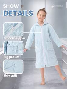 SHENG CHUN 1pc Children's Zippered Absorbent Bathrobe, Easy To Put On And Take Off, Suitable For All Seasons, Warm, Coral Fleece Bathrobe, Suitable For Multiple Ages, Children's Hooded Bathrobe, Absorbent, With Pockets, Ultra-Fine Microfiber Coral Fleece, Essential For Home, Beach, Swimming, Bathing, Hot Springs, Bathroom - Blue Triangle Stripe - View 4