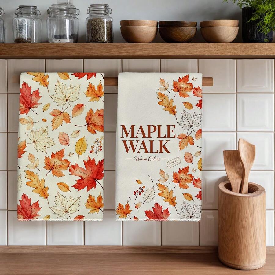 2PCS Kitchen Towel, Autumn Maple Leaf Healing Pattern, 40*60cm Rectangular Microfiber Kitchen Towel, Dish Cloth, Tablecloth, Hand Towel, Kitchen Decor, Home Decor, Housewarming Gift For Neighbors, Kitchen Napkin And Dish Cloth, Home Decor, Gift, Perfect For Kitchen And Bathroom Use - Orange - View 1