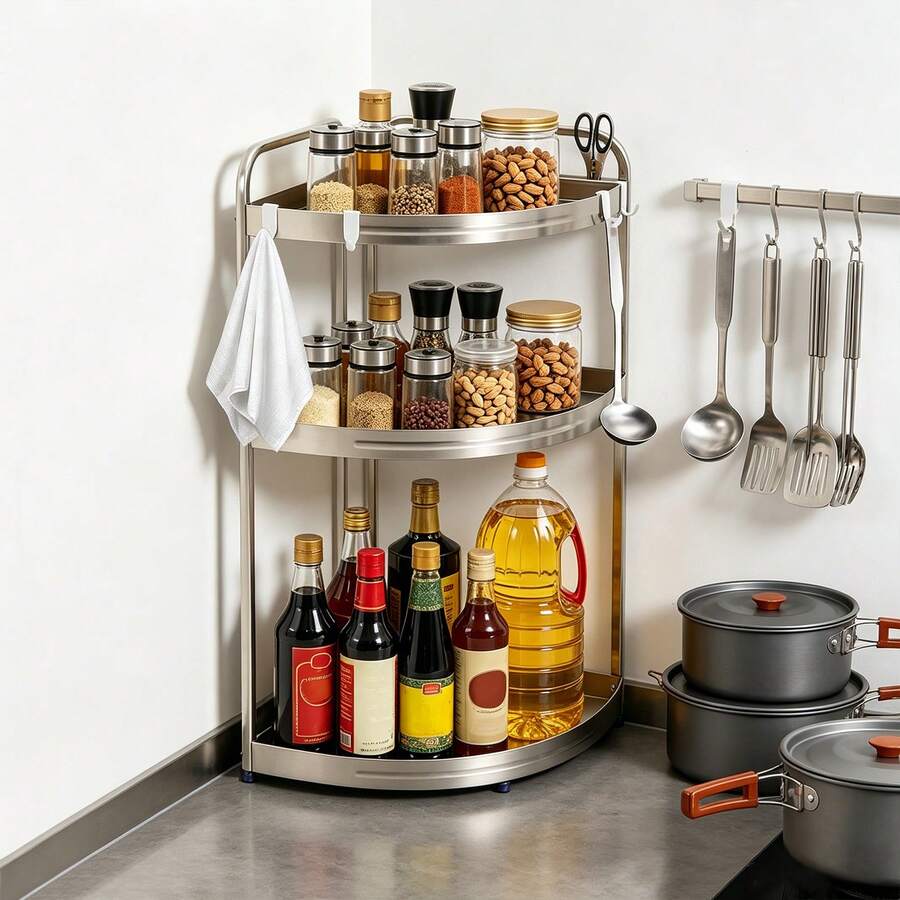 SENDERPICK Spice Rack Organizer Seasoning Spice Organizer 3-Tier Kitchen Corner Shelf - Silver - View 1