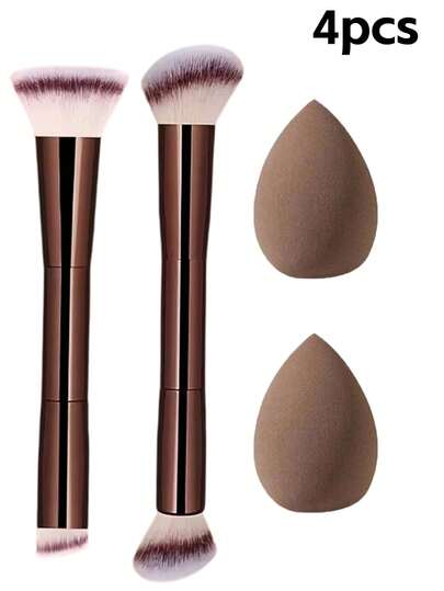 3/4/5Pcs Double‑Ended Makeup Brushes Kit, Dual‑Sided Foundation Concealer Blush Eyebrow Brush With 2Pcs Beauty Sponge, Soft Synthetic Bristles Cosmetic Tools For Daily Face & Eye Makeup