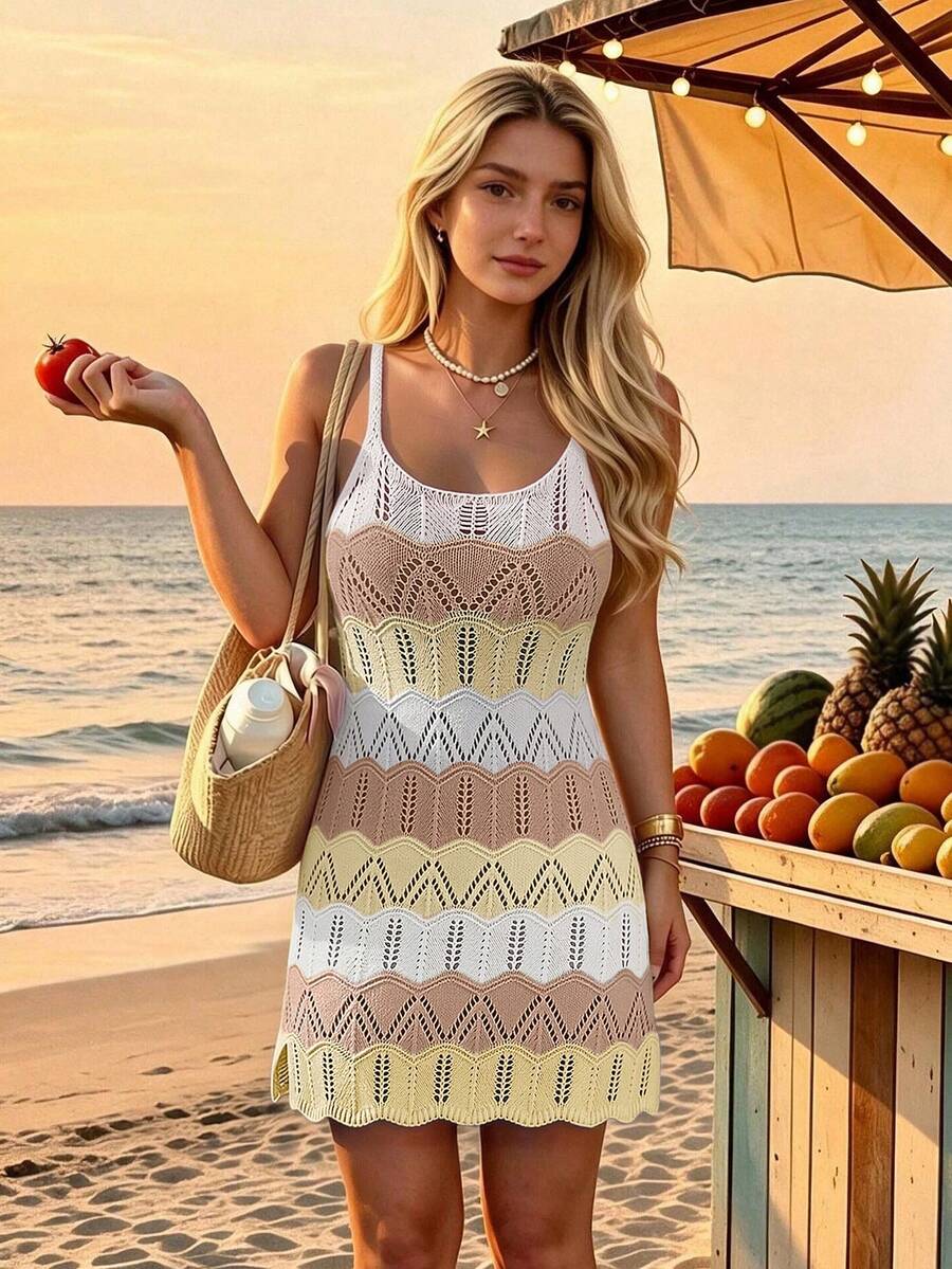Women's Summer Bohemian Beach Vacation Dress, Colorblock Hollow-Out Knit Camisole Dress