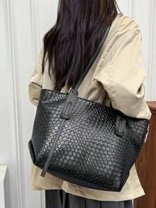 時尚純色PU鱷魚壓紋單肩托特包，適合女性購物、通勤與日常使用，適合學生上學與開學季 - 黑色 - 查看 5