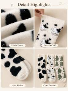 Soft And Comfortable Plush Socks Featuring Various Patterns, Including Cow Prints And Cartoon Dinosaurs; These Soft, Fluffy, And Cozy Indoor Socks Are Perfect For Lounging At Home Or In The Dorm, As Well As For Autumn, Winter, And Everyday Wear. - Multicolor - View 7