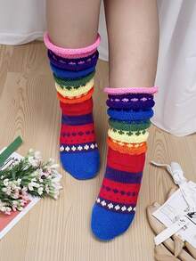 1 Pair Women's Winter Striped Ruffle Long Socks, Fairland Style, Thick Soft Warm Y2K Retro - Multicolor - View 6