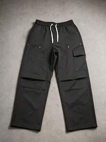 Men's Elastic Drawstring Waist Cargo Pants, Multi-Pocket Rivet Decor Wide Leg Straight Leg Streetwear Casual Long Pants - Black - View 4