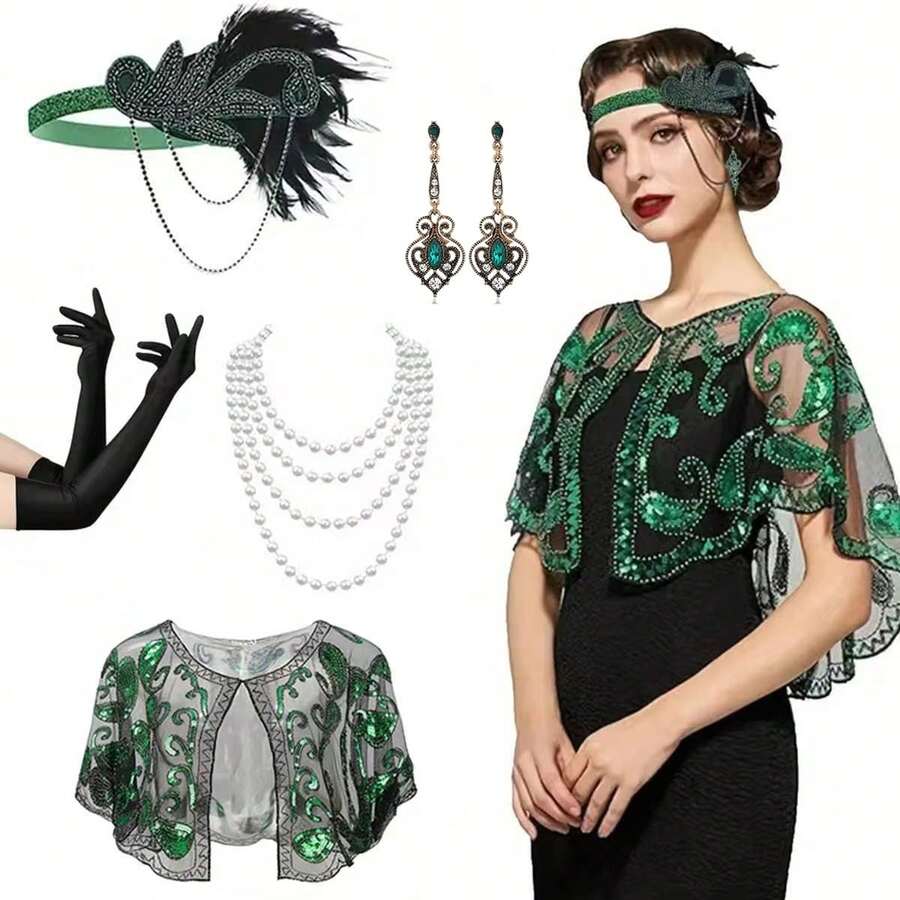 1920s Vintage Style Party Costume Set - Suitable For Fashion Enthusiasts Seeking Classic Retro Style To Attend Vintage Themed Events, Halloween - Multicolor - View 1