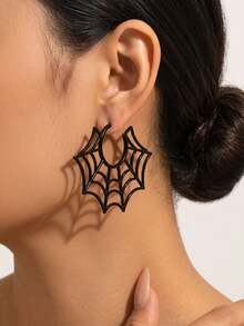 1 Pasang Anting Besar Bergaya Gothic Gelap Halloween Musim Gugur/Dingin, Motif Jaring Laba-laba, Cocok untuk Wanita, Pesta, Acara Dansa, Perhiasan Telinga yang Unik dan Personal - Hitam - View 1