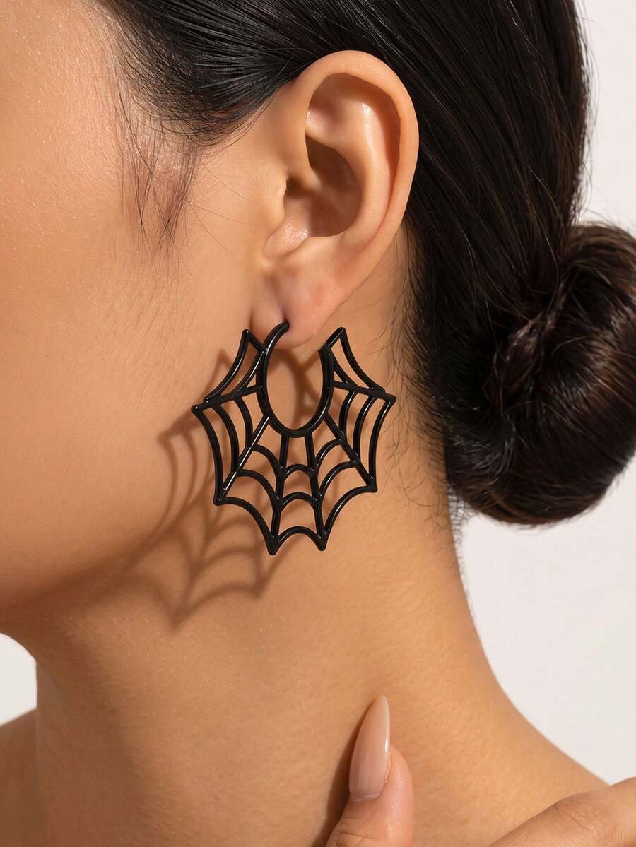 1 Pasang Anting Besar Bergaya Gothic Gelap Halloween Musim Gugur/Dingin, Motif Jaring Laba-laba, Cocok untuk Wanita, Pesta, Acara Dansa, Perhiasan Telinga yang Unik dan Personal - Hitam - View 1