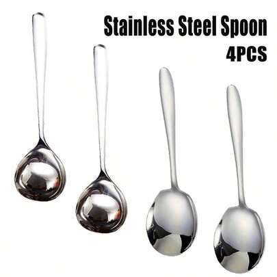 4-Piece Stainless Steel Spoon Set, 2 Deep Round Soup Spoons And 2 Wide Round Spoons With Long Handles For Cooking, Serving, Coffee And Dessert