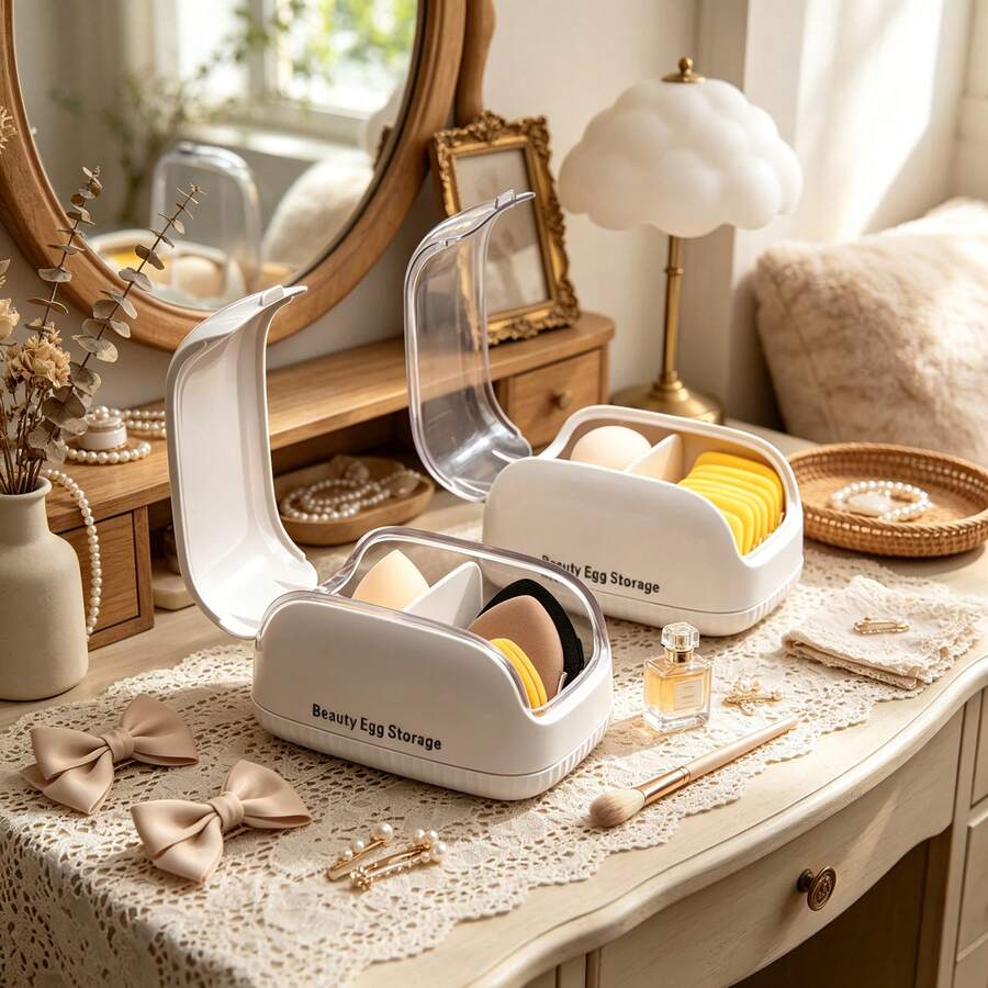 1pc Makeup Sponge Storage Box With Dust Cover, Portable Powder Puff Compartment Organizer, Suitable For Home Decor, Room Decor, Back To School, Travel Essentials, Dorm Essentials, Halloween Gift, Christmas Gift