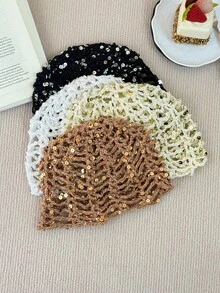 1pc Women's Y2K Style Cute Casual Fashion Sequin Shiny Hollow Hand-Knitted Hat, Suitable For Outing, Photography, Daily Wear, Bucket Hat Style - B - View 4