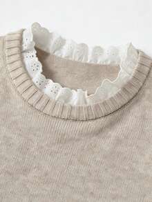 Sweater Rajut Leher Bulat Wanita Musim Semi/Gugur, Lengan Panjang dengan Manset Berenda, Atasan Rajut Pendek Serbaguna untuk Aktivitas Sehari-hari dan Kasual - Khaki Muda - View 7