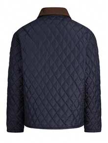 Men's Diamond Quilted Lapel Padded Padded Coat, Commuter Multi-Pocket Zipper Lightweight Padded Padded Coat - Blue - View 3