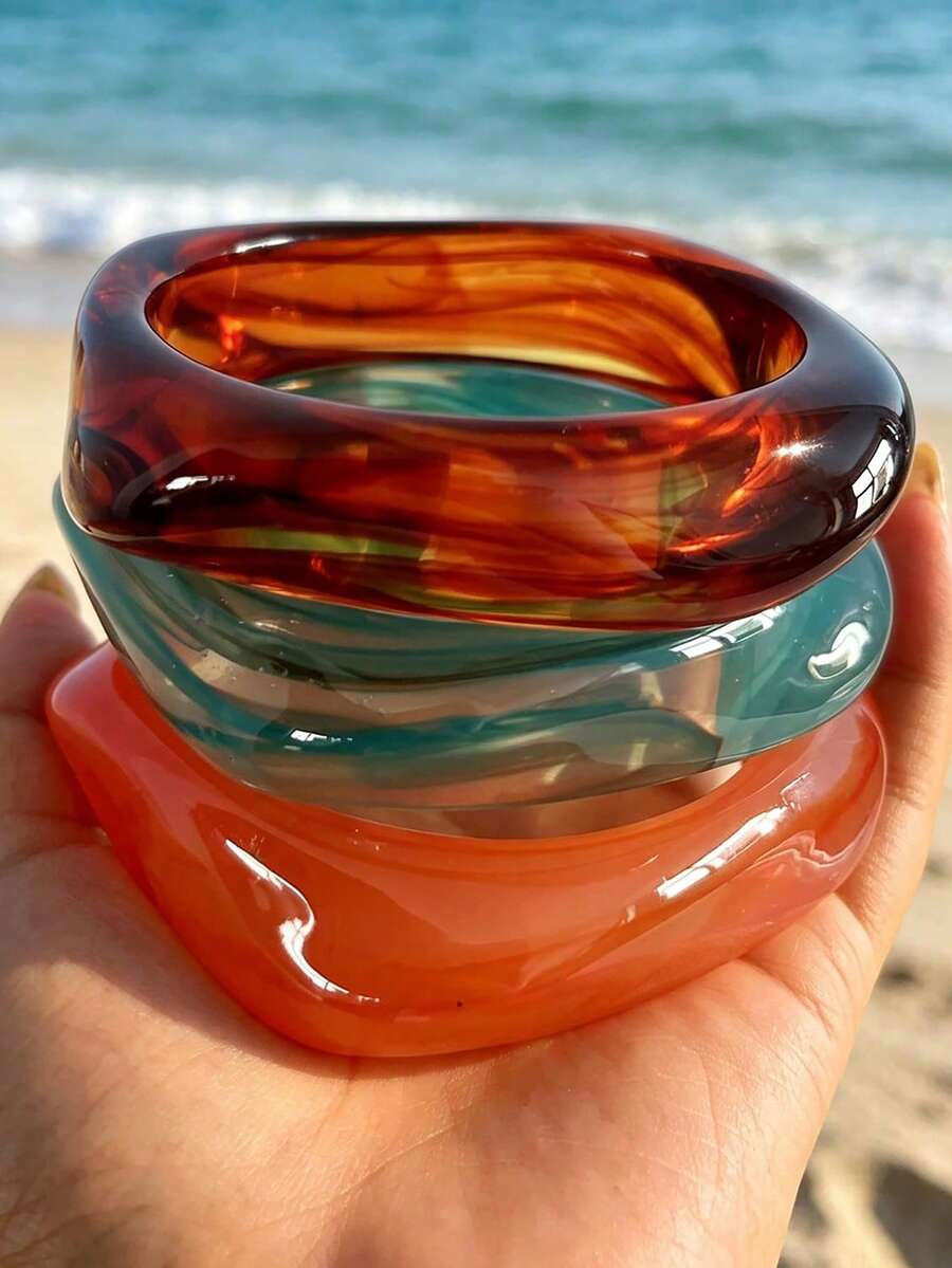 3pcs Set Exquisite Vintage Acrylic Bracelet Set Fashionable Cylindrical Design Suitable For Daily Casual Wear Women's Fashion Accessories Acrylic Material No Inlay Craft Suitable For All Year Round For Daily, Party And Vacation Occasions. - Multicolor - View 1