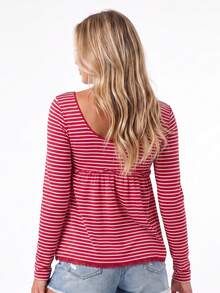 Women's Striped Babydoll Tops Long Sleeve Scoop Neck Fall Shirts - Burgundy - View 5