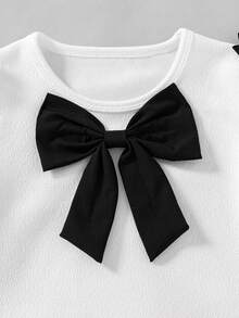 Young Girls 2pcs Set Autumn/Winter New Solid Color Patchwork Puff Dress With 3D Bow Decor & Knit Round Neck Sweatshirt, Fashionable Young Girls Outfit For Outdoor Wear - Black - View 7