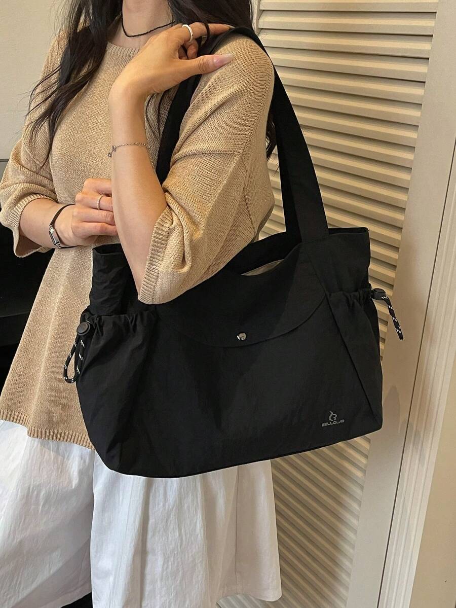 Solid Color Large Capacity Nylon Fabric Shoulder Tote Shopping Bag, Multi-Pocket Design, Mother's Day Gift For Mom, Commute Travel Minimalist Fashion Versatile - Black - View 1
