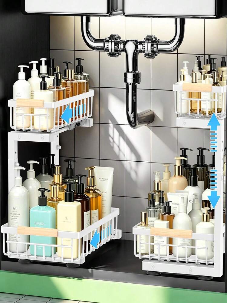 2pcs Under Sink Storage Rack, 2-Tier Pull-Out Metal Organizer, White | Kitchen Pull-Out Storage Cabinet Organizer, 2-Tier Under Sink Storage Rack, Suitable For Bathroom, Laundry Room, Kitchen, With Drawers - Multicolor - View 1