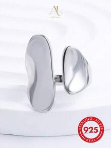 1pc S925 Sterling Silver Minimalist Versatile Polished Wide Band Punk Style Asymmetrical Open Adjustable Women's Ring, Couple Ring, Daily Wear Holiday Gift - Silver - View 3